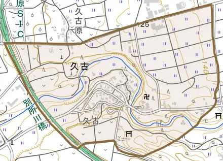 久古とその周辺の地図。町の範囲を重ねている