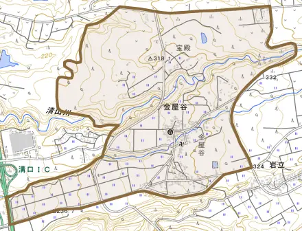 金屋谷とその周辺の地図。町の範囲を重ねている