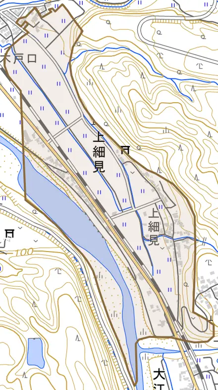 上細見とその周辺の地図。町の範囲を重ねている