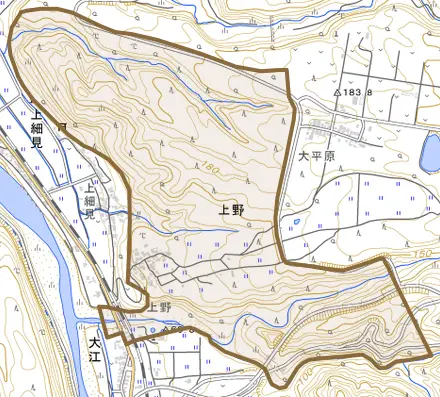 上野とその周辺の地図。町の範囲を重ねている