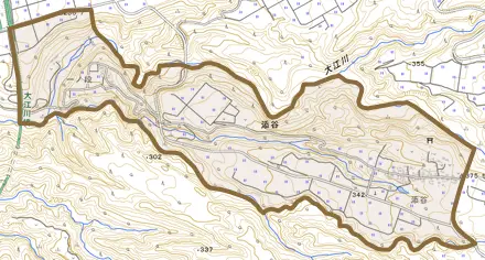 添谷とその周辺の地図。町の範囲を重ねている