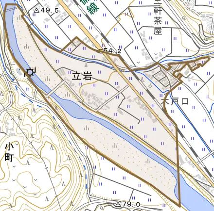 立岩とその周辺の地図。町の範囲を重ねている
