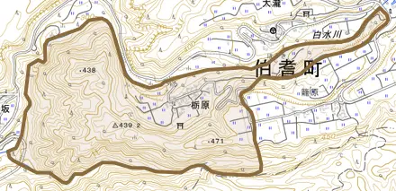 栃原とその周辺の地図。町の範囲を重ねている