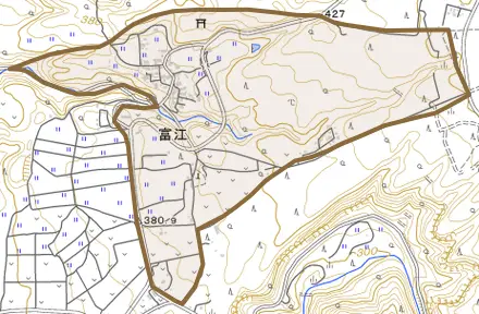 富江とその周辺の地図。町の範囲を重ねている