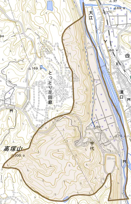 宇代とその周辺の地図。町の範囲を重ねている