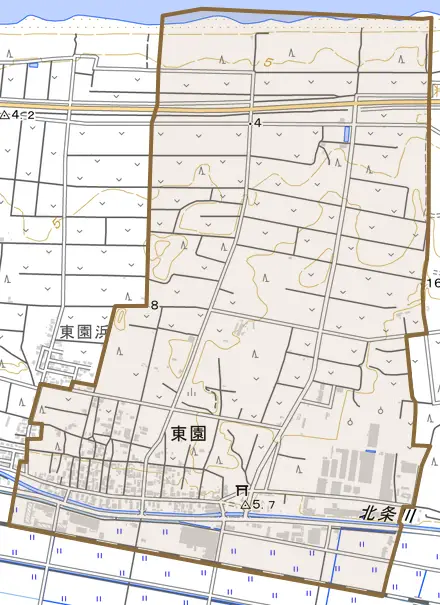 東園とその周辺の地図。町の範囲を重ねている