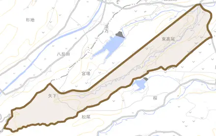 東高尾とその周辺の地図。町の範囲を重ねている