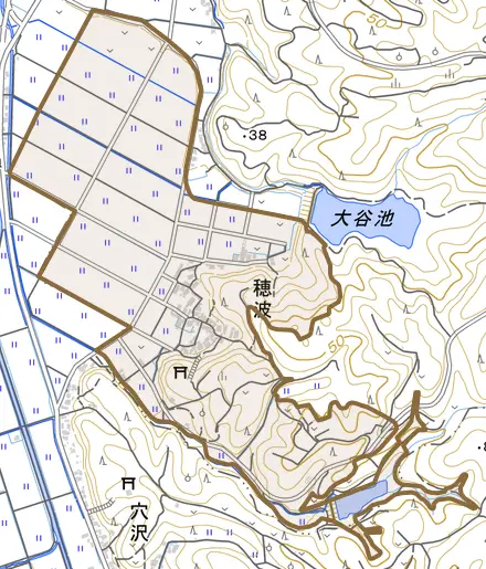 穂波とその周辺の地図。町の範囲を重ねている