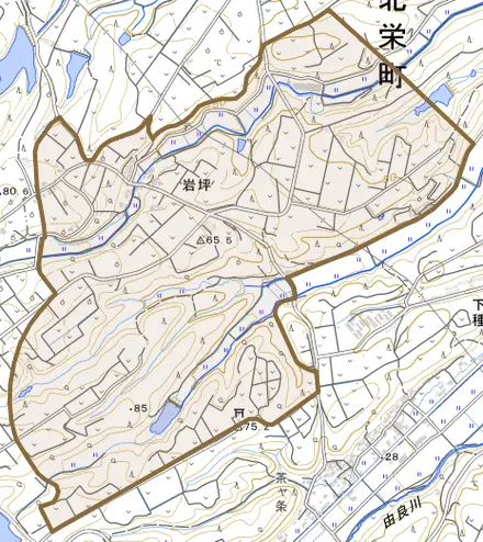 岩坪とその周辺の地図。町の範囲を重ねている