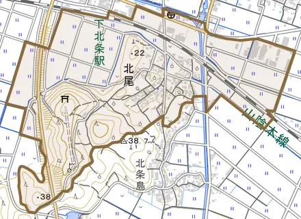北尾とその周辺の地図。町の範囲を重ねている