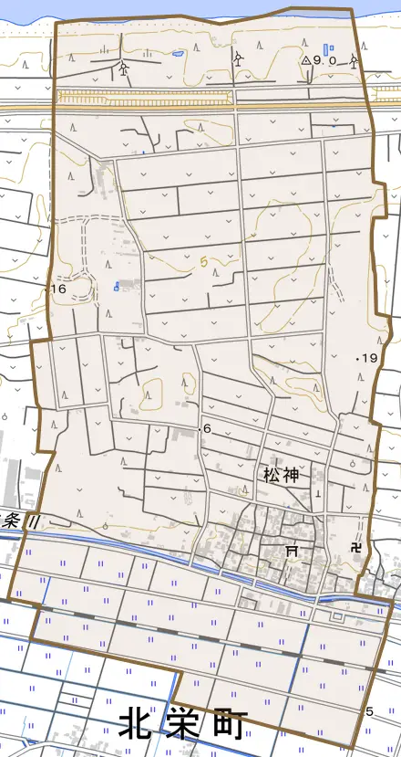 松神とその周辺の地図。町の範囲を重ねている