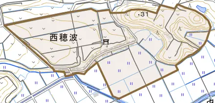 西穂波とその周辺の地図。町の範囲を重ねている