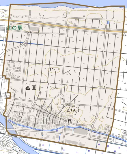 西園とその周辺の地図。町の範囲を重ねている
