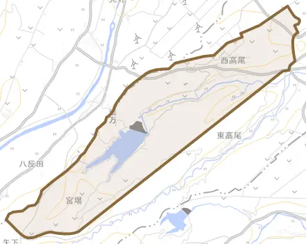 西高尾とその周辺の地図。町の範囲を重ねている