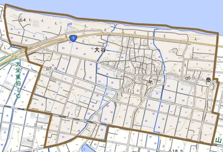 大谷とその周辺の地図。町の範囲を重ねている