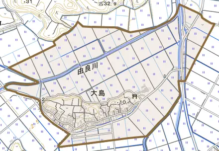 大島とその周辺の地図。町の範囲を重ねている