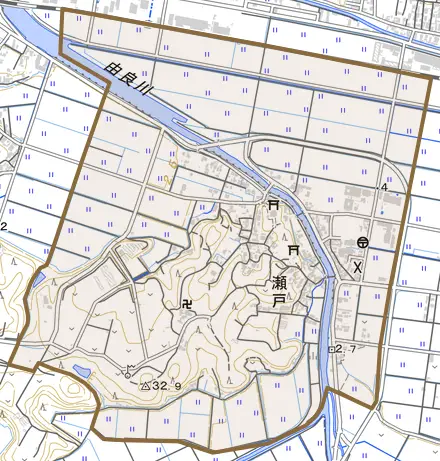 瀬戸とその周辺の地図。町の範囲を重ねている