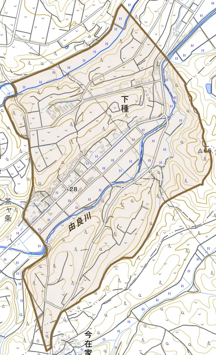 下種とその周辺の地図。町の範囲を重ねている