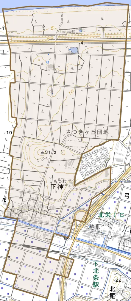 下神とその周辺の地図。町の範囲を重ねている