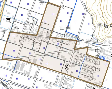 田井とその周辺の地図。町の範囲を重ねている