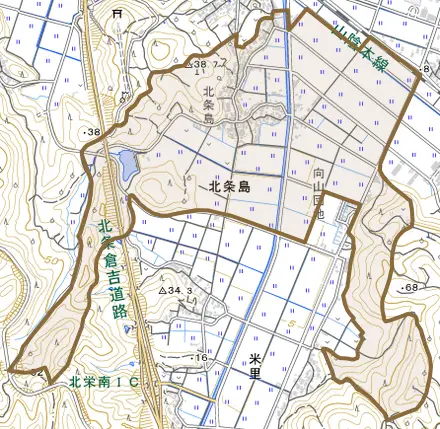 北条島とその周辺の地図。町の範囲を重ねている