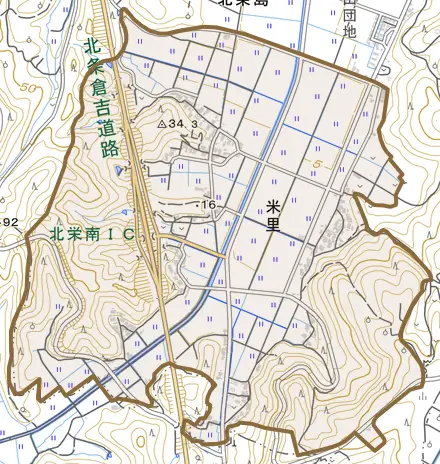 米里とその周辺の地図。町の範囲を重ねている