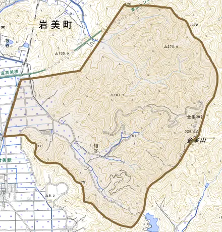 大字相谷とその周辺の地図。町の範囲を重ねている