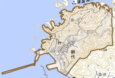 大字網代とその周辺の地図。町の範囲を重ねている