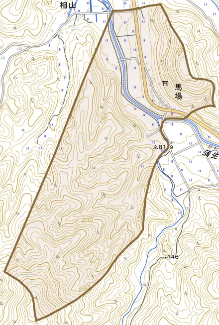 大字馬場とその周辺の地図。町の範囲を重ねている