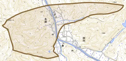 大字長郷とその周辺の地図。町の範囲を重ねている