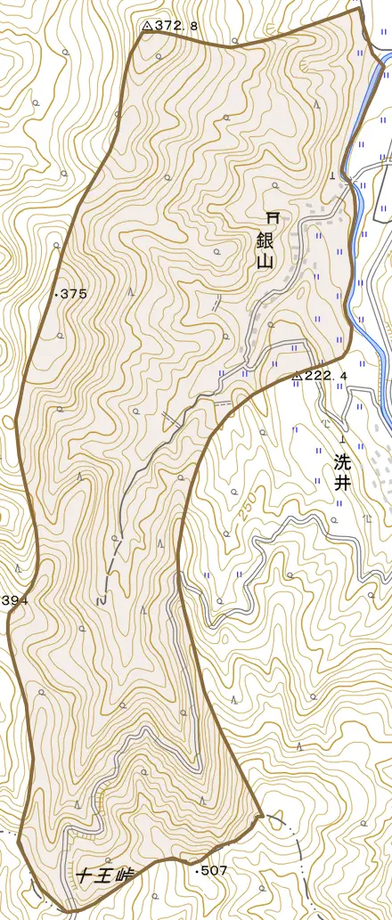 大字銀山とその周辺の地図。町の範囲を重ねている