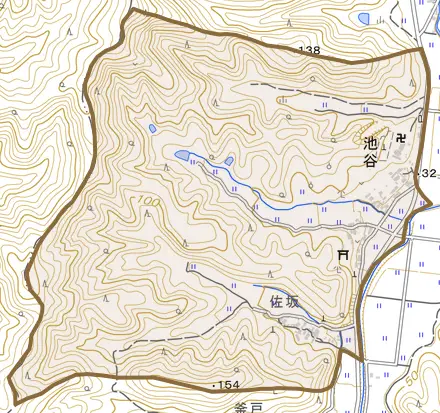 大字池谷とその周辺の地図。町の範囲を重ねている