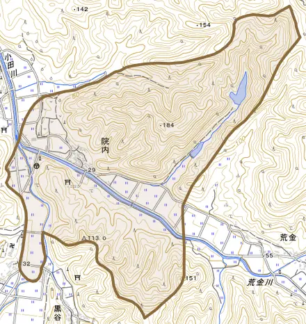 大字院内とその周辺の地図。町の範囲を重ねている