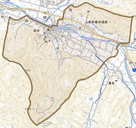 大字岩井とその周辺の地図。町の範囲を重ねている