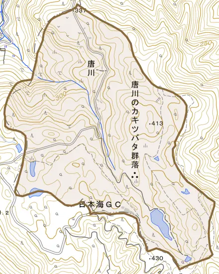 大字唐川とその周辺の地図。町の範囲を重ねている