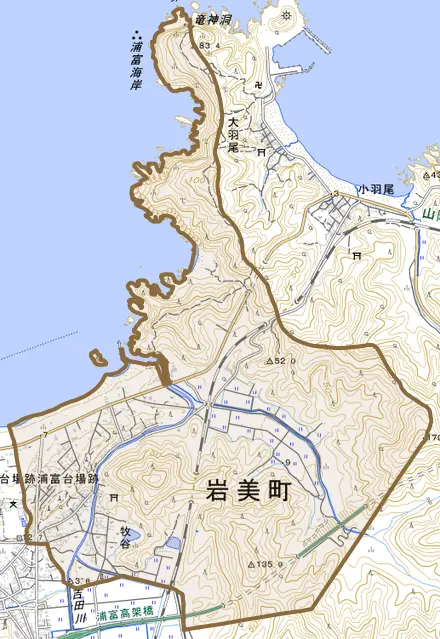 大字牧谷とその周辺の地図。町の範囲を重ねている