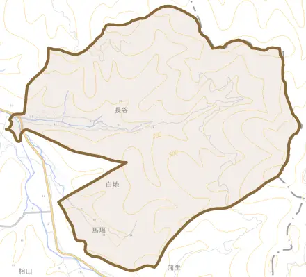 大字長谷とその周辺の地図。町の範囲を重ねている