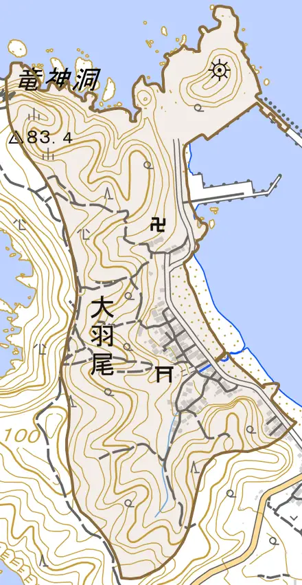 大字大羽尾とその周辺の地図。町の範囲を重ねている