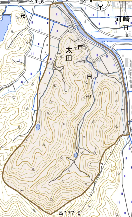 大字太田とその周辺の地図。町の範囲を重ねている