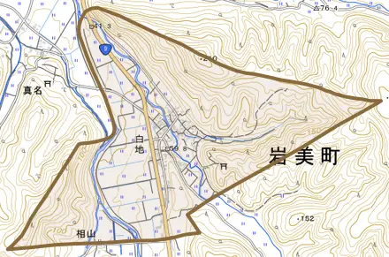 大字白地とその周辺の地図。町の範囲を重ねている