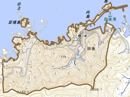 大字田後とその周辺の地図。町の範囲を重ねている