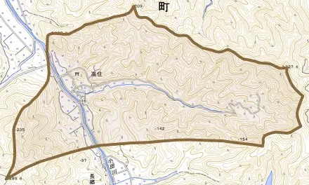 大字高住とその周辺の地図。町の範囲を重ねている