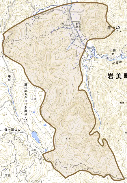 大字外邑とその周辺の地図。町の範囲を重ねている