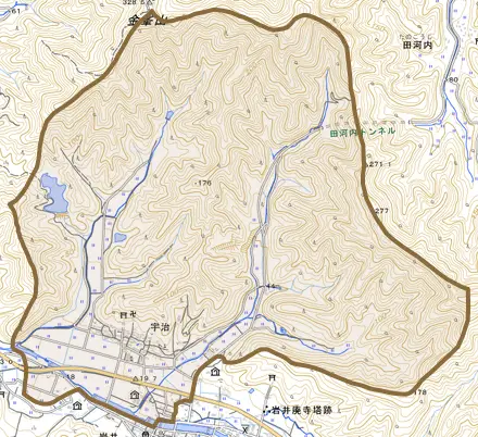 大字宇治とその周辺の地図。町の範囲を重ねている