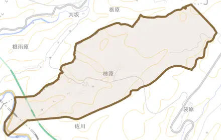 大字柿原とその周辺の地図。町の範囲を重ねている