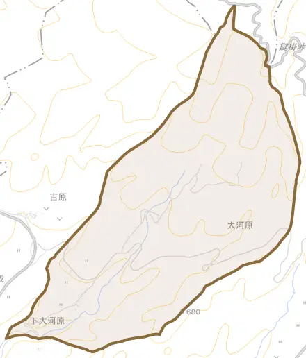 大字大河原とその周辺の地図。町の範囲を重ねている