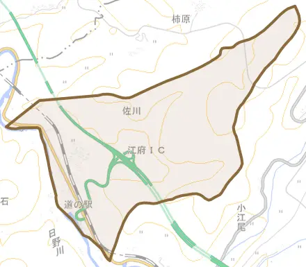 大字佐川とその周辺の地図。町の範囲を重ねている