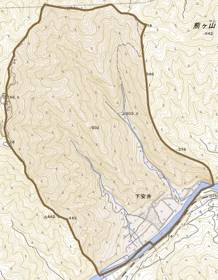 大字下安井とその周辺の地図。町の範囲を重ねている