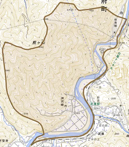 大字洲河崎とその周辺の地図。町の範囲を重ねている