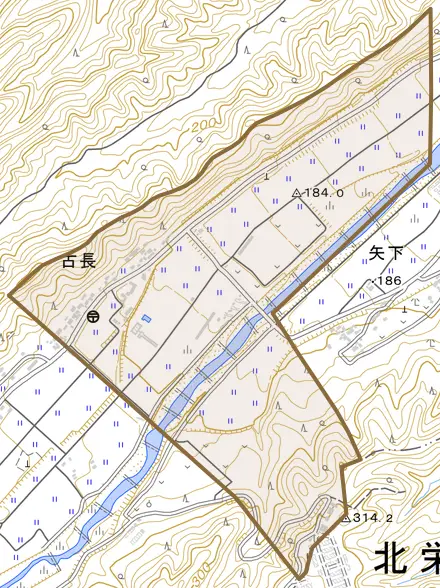 大字古長とその周辺の地図。町の範囲を重ねている